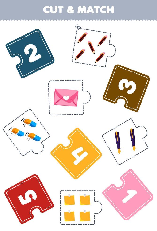 Education game for children cut piece of puzzle and match by number of cute cartoon envelope pen eraser paper pencil printable tool worksheet vector
