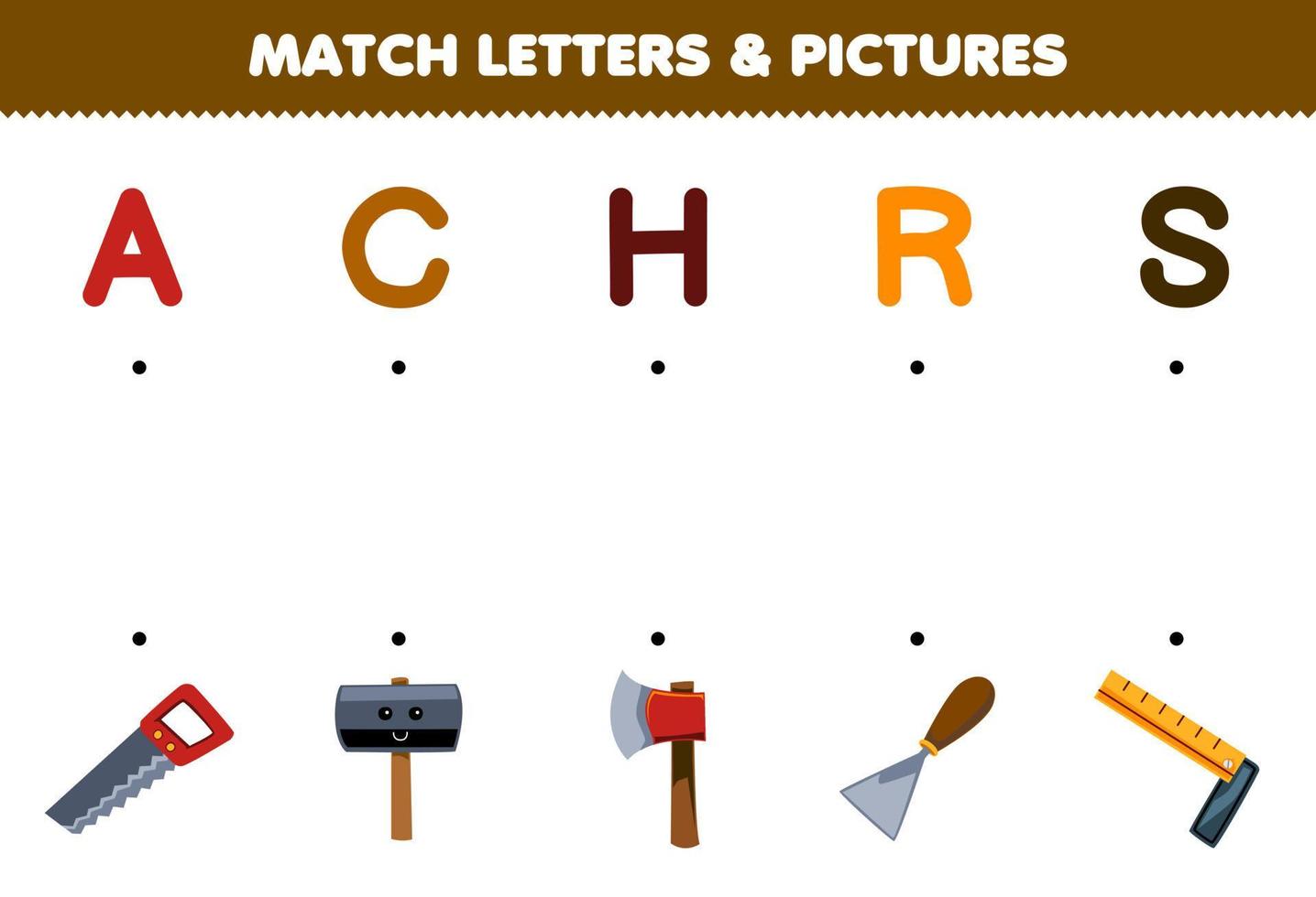 educación juego para niños partido letras y imágenes de linda dibujos animados Sierra martillo hacha cincel regla imprimible herramienta hoja de cálculo vector