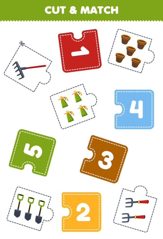 Education game for children cut piece of puzzle and match by number of cute cartoon rake fork shovel sprayer pot printable tool worksheet vector