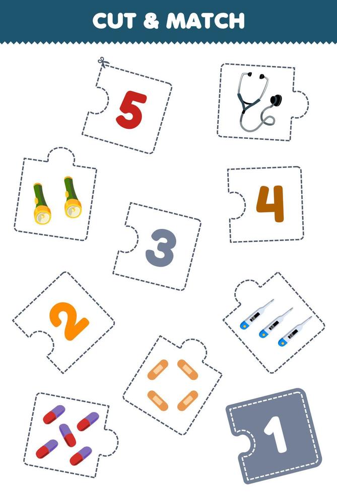 Education game for children cut piece of puzzle and match by number of cute cartoon stethoscope flashlight thermometer bandage medicine printable tool worksheet vector