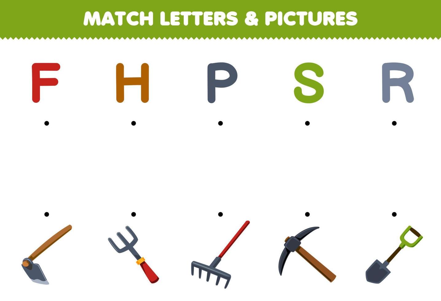 Education game for children match letters and pictures of cute cartoon hoe fork rake pickaxe shovel printable tool worksheet vector
