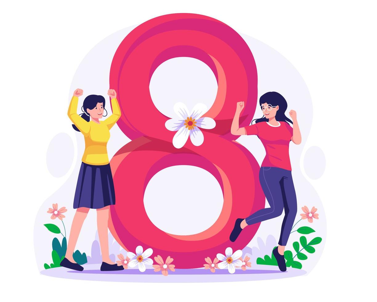 Two cheerful young women celebrating women's day in front of the big 8-number symbol. Women's Day concept illustration vector