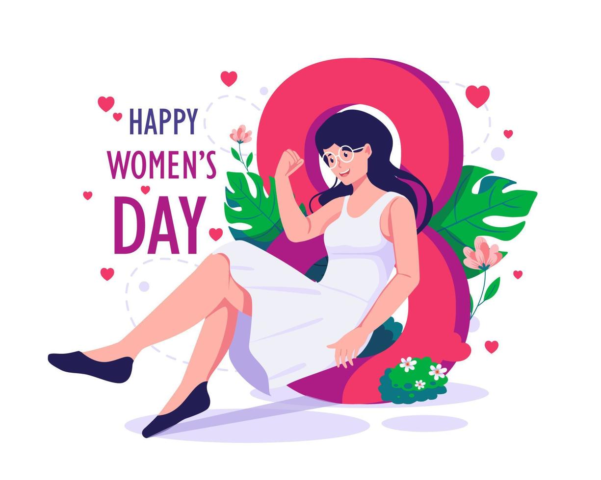 A woman wears a white dress sitting near the number eight symbol. Happy International Women's Day on 8th march illustration vector