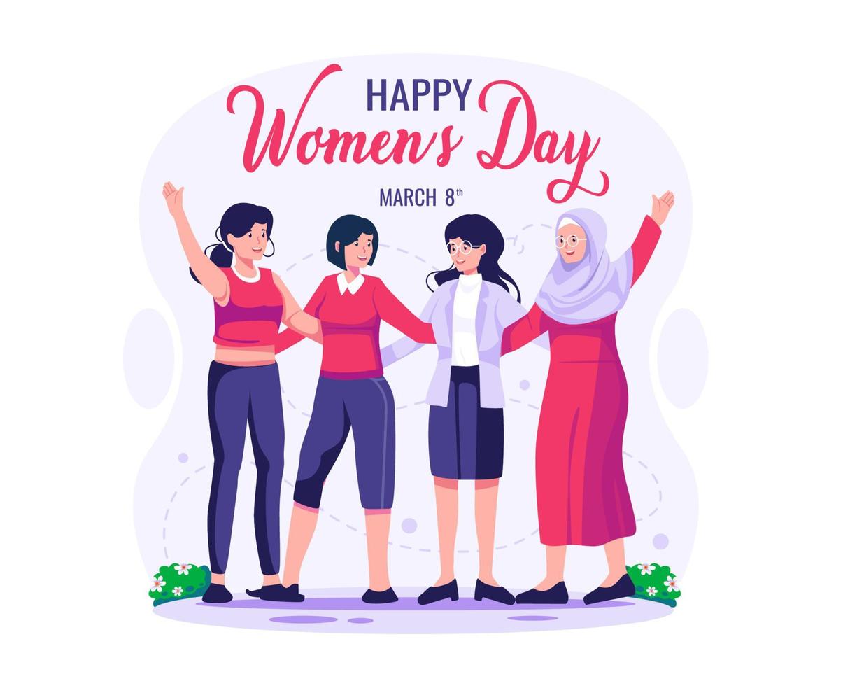 Group of women of different races standing together and holding hands. Female solidarity. International Women's Day concept illustration vector