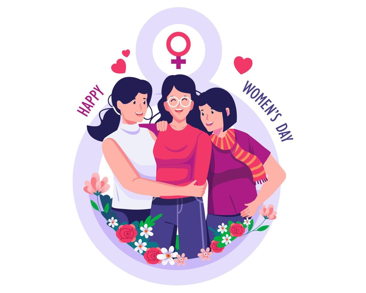 Happy three young women embrace each other. International Women's Day concept illustration vector
