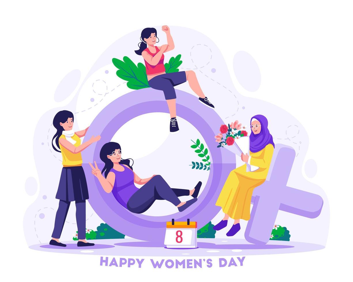 Group of young women standing and sitting near a big female gender symbol. Happy International Women's Day. Vector illustration in flat style