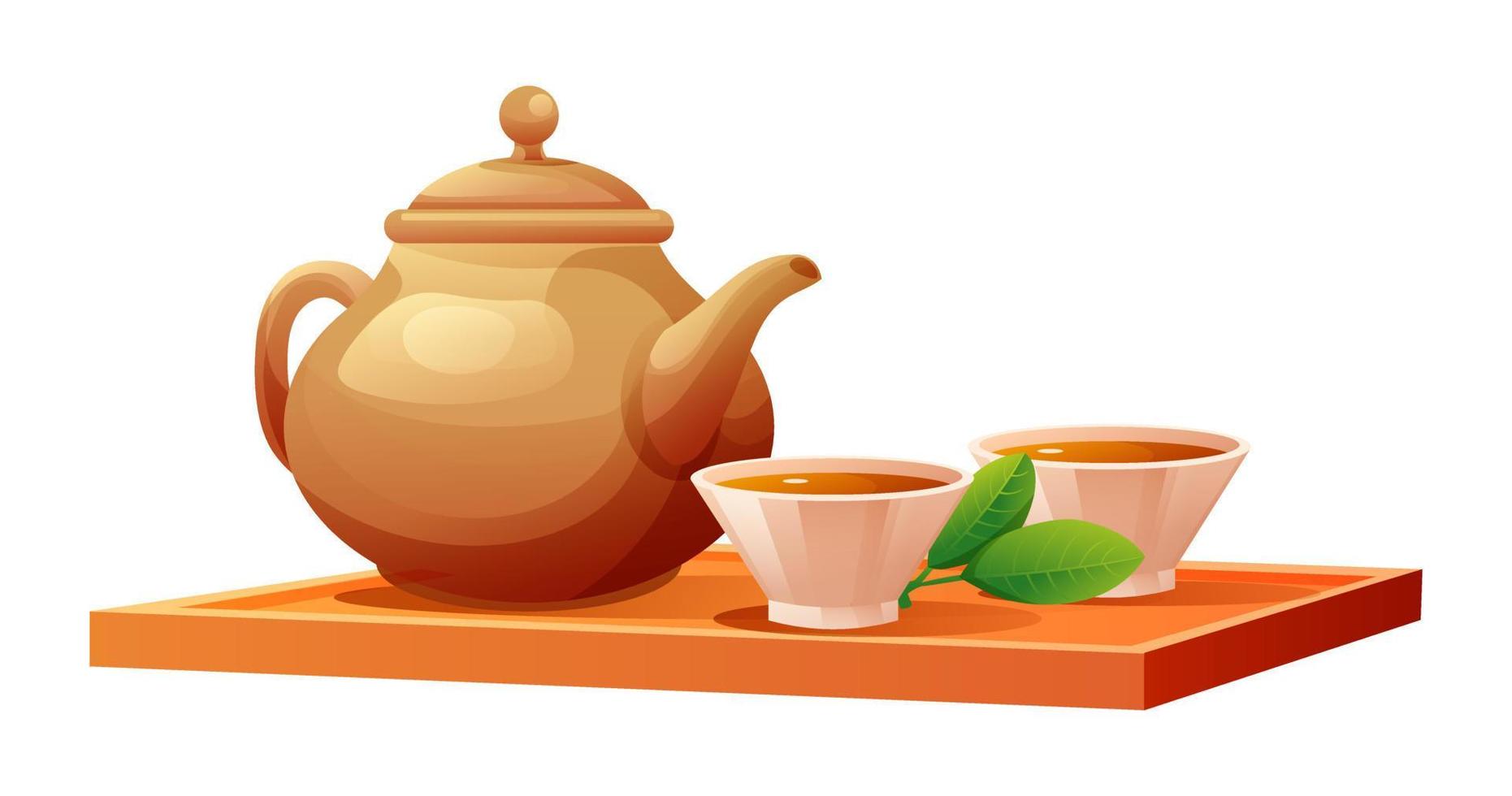 té tazas y tetera en de madera bandeja vector ilustración