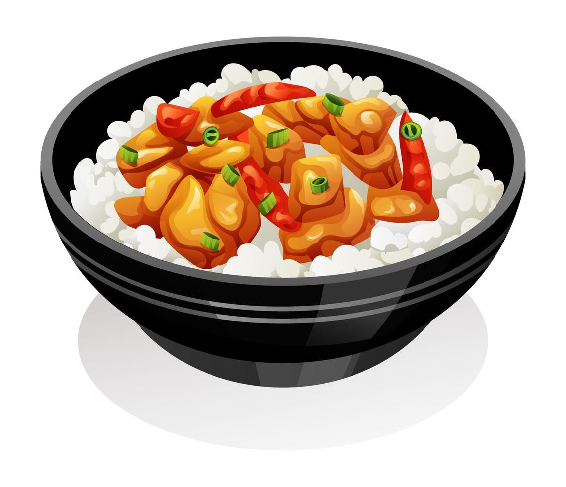 kung pao pollo con pimientos y vegetales servido con arroz. chino comida vector ilustración