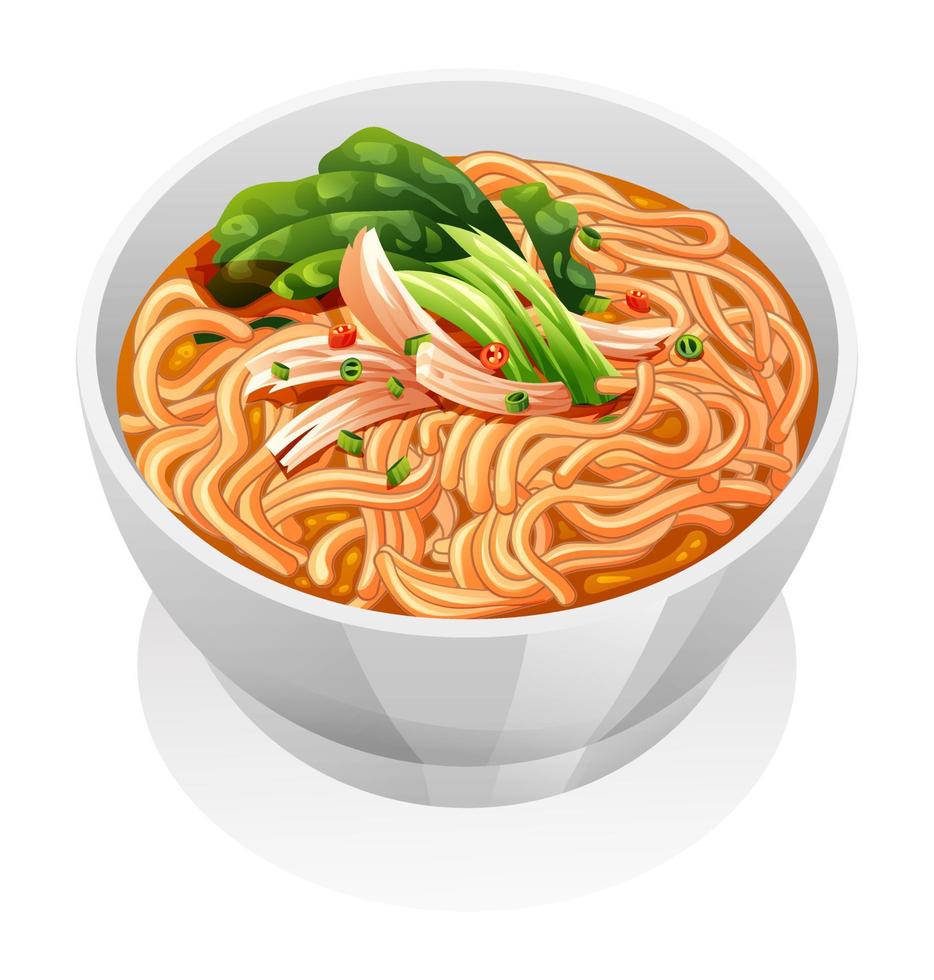 pollo fideos sopa con vegetales en un blanco cuenco vector ilustración