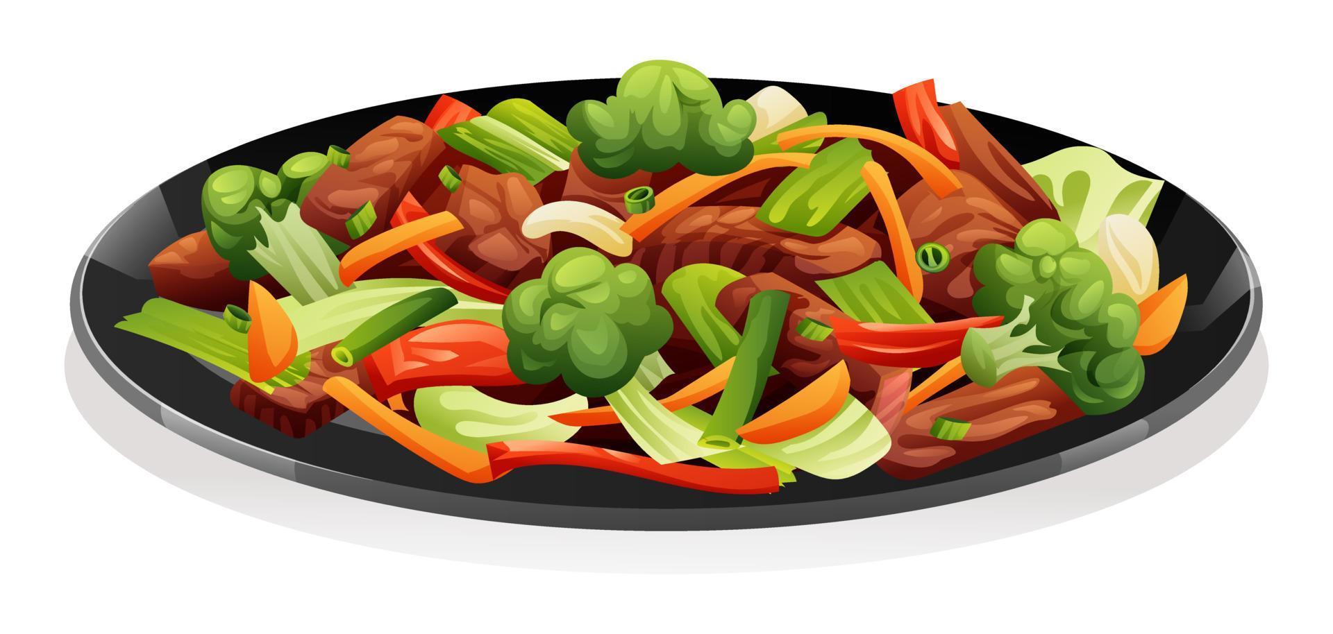 Beef and vegetables stir fry in black plate vector illustration