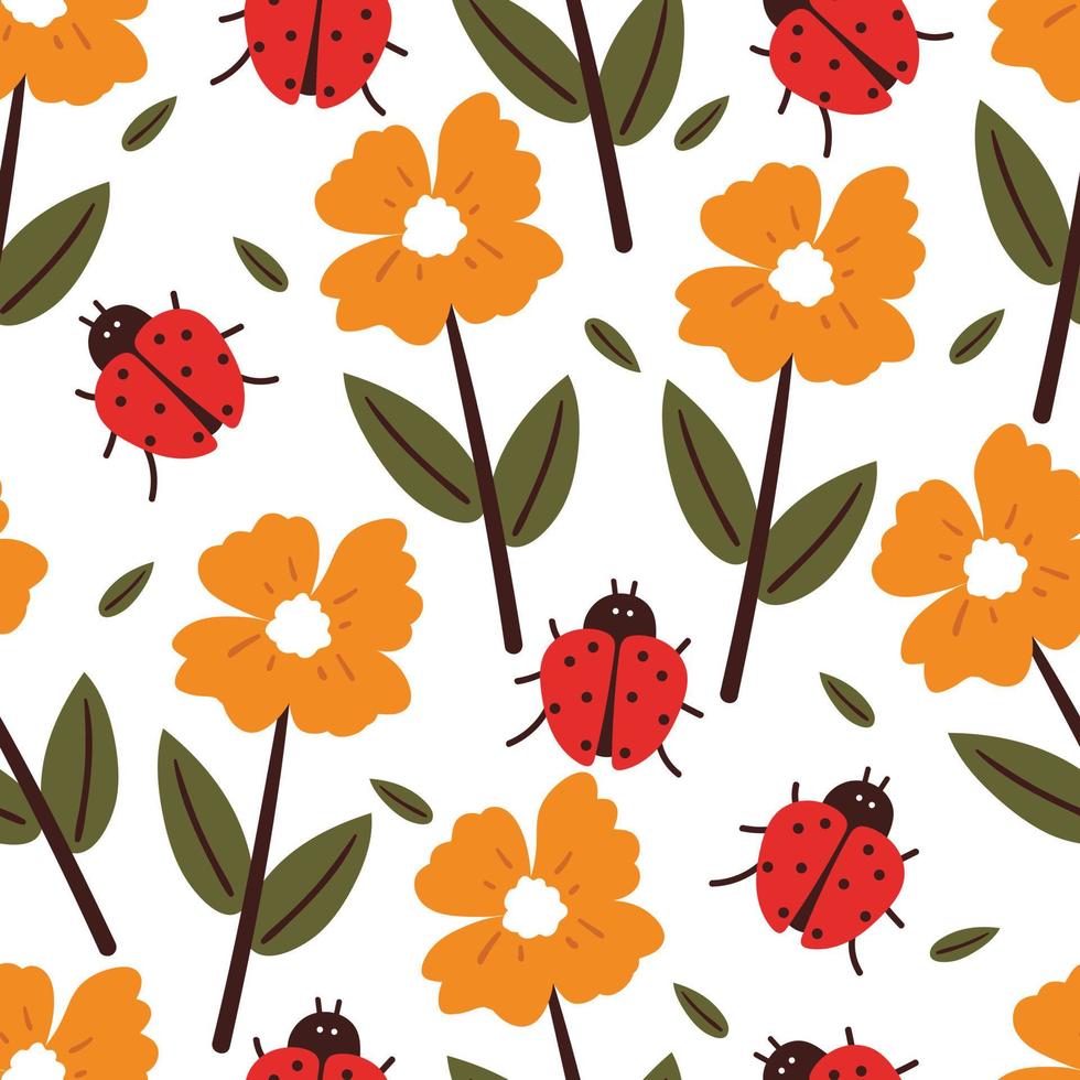 sin costura modelo dibujos animados flor, hojas y mariquita. botánico fondo de pantalla para textil, regalo envolver papel vector