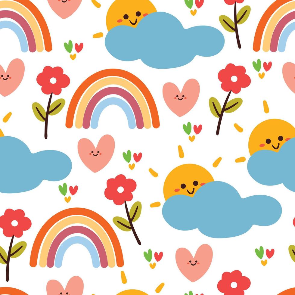 seamless pattern cartoon clouds, sun, rainbow and flower. cute wallpaper for textile, gift wrap paper vector