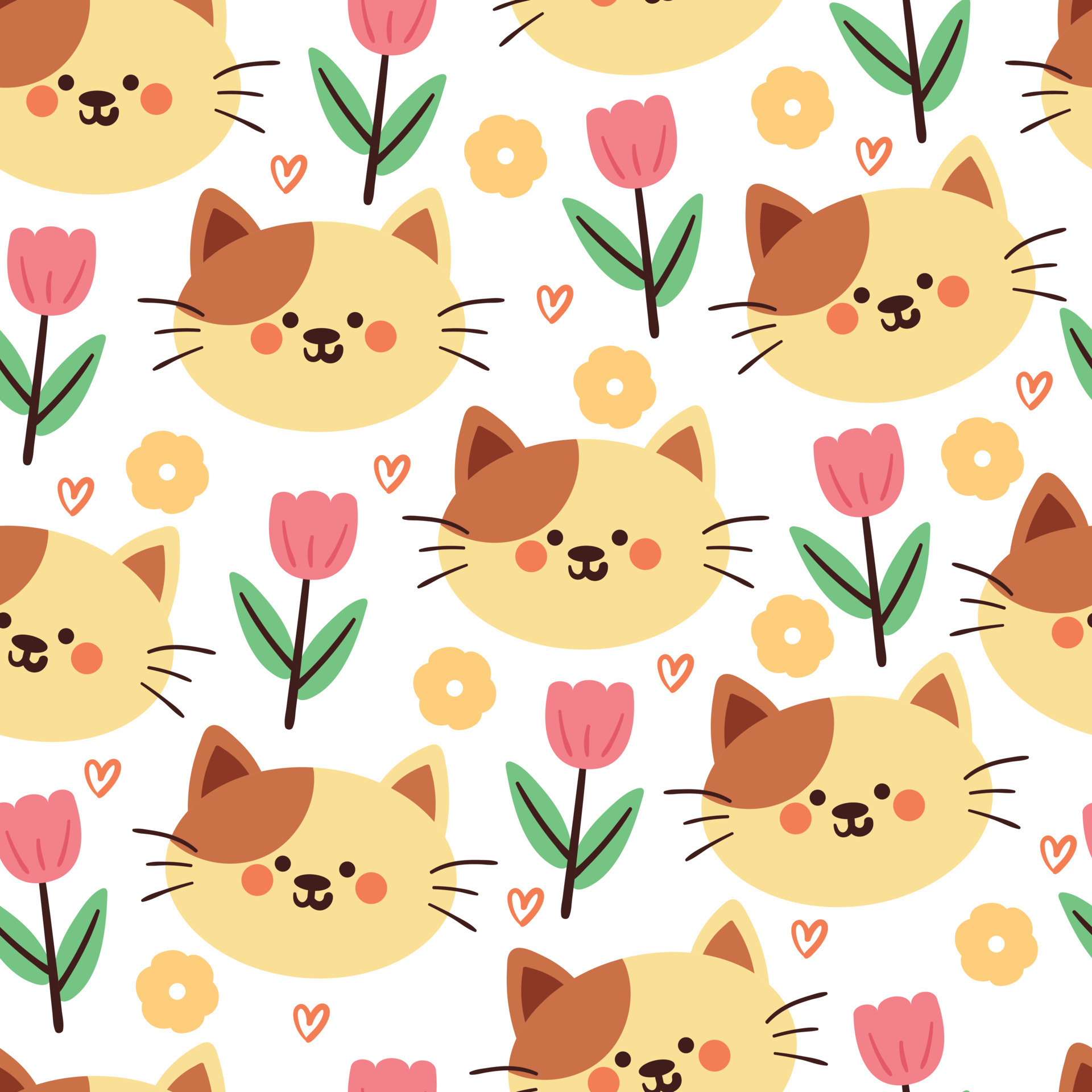 seamless pattern cartoon cat and flower. cute animal wallpaper for