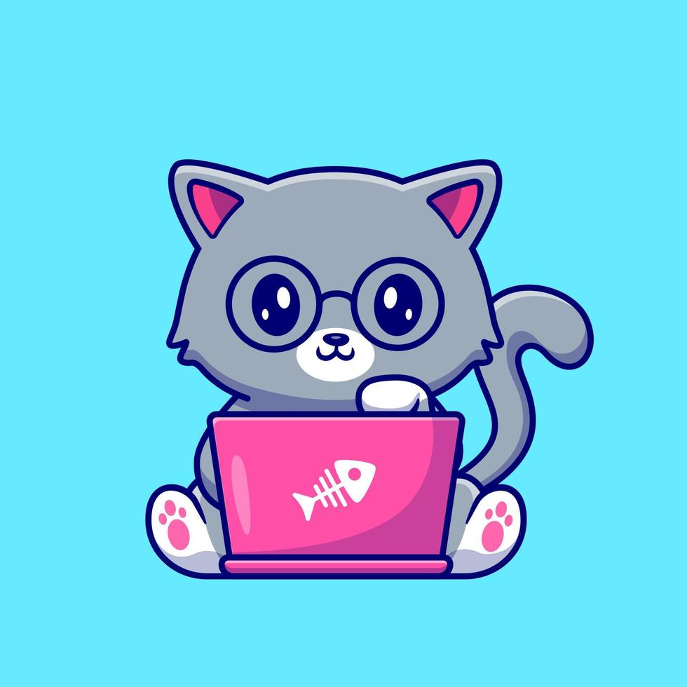 lindo gato trabajando en la ilustración del icono del vector de dibujos animados de la computadora portátil. concepto de icono de tecnología animal vector premium aislado. estilo de dibujos animados plana