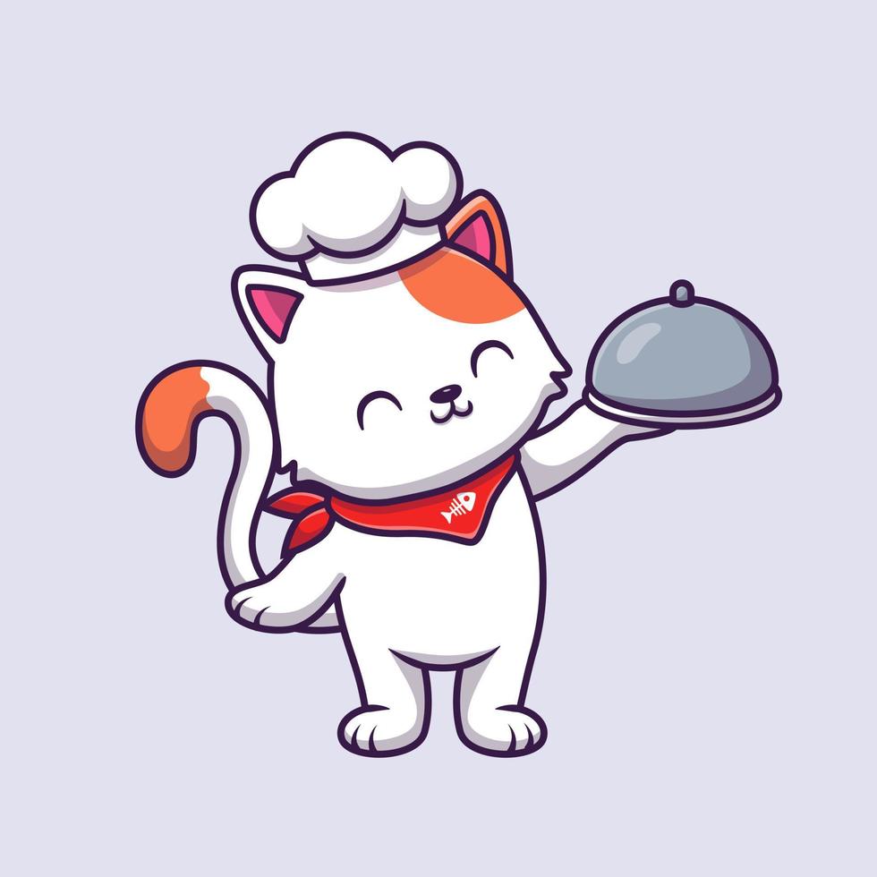 Cute Cat Chef Holding Cloche Food Cartoon Vector Icon Illustration. Animal Food Icon Concept Isolated Premium Vector. Flat Cartoon Style