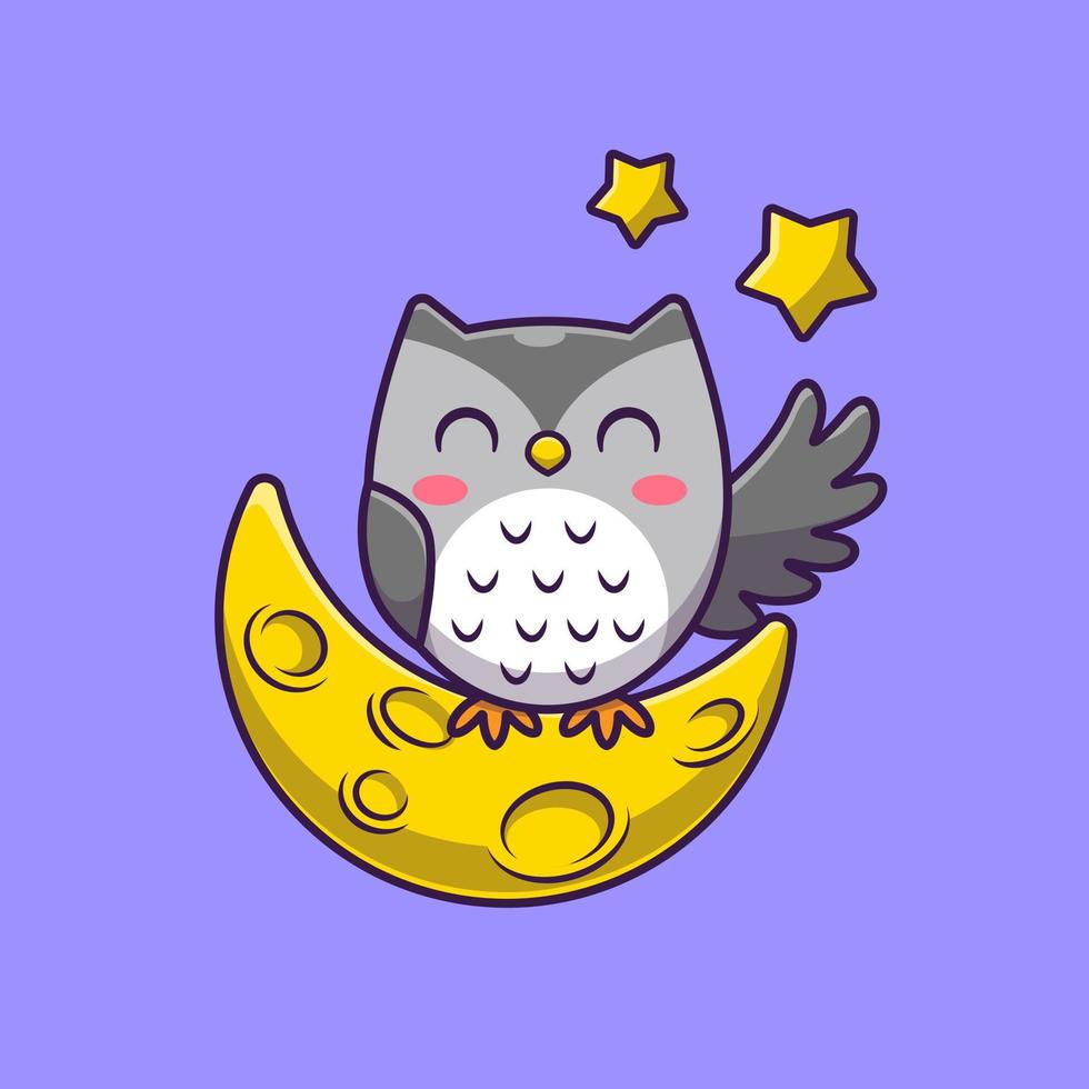 Cute Owl With Moon And Stars Cartoon Vector Icon Illustration. Animal Nature Icon Concept Isolated Premium Vector. Flat Cartoon Style