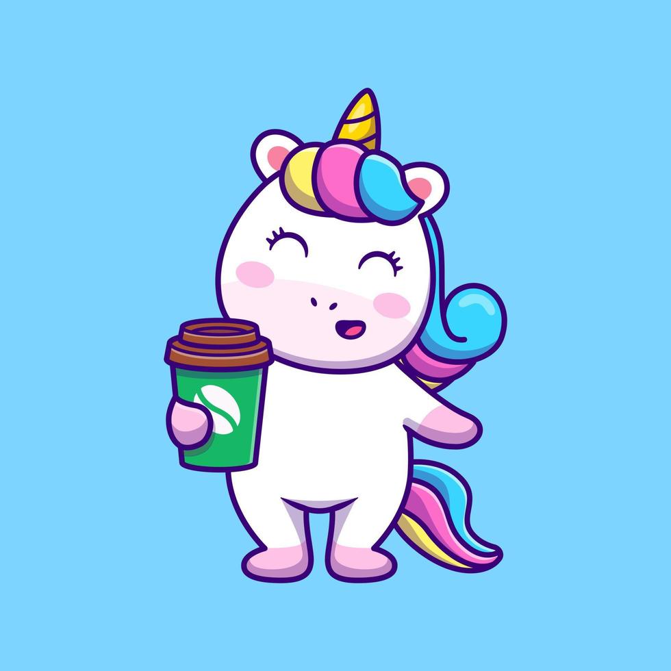 Cute Unicorn Holding Coffee Cartoon Vector Icon Illustration. Animal Food And Drink Icon Concept Isolated Premium Vector. Flat Cartoon Style