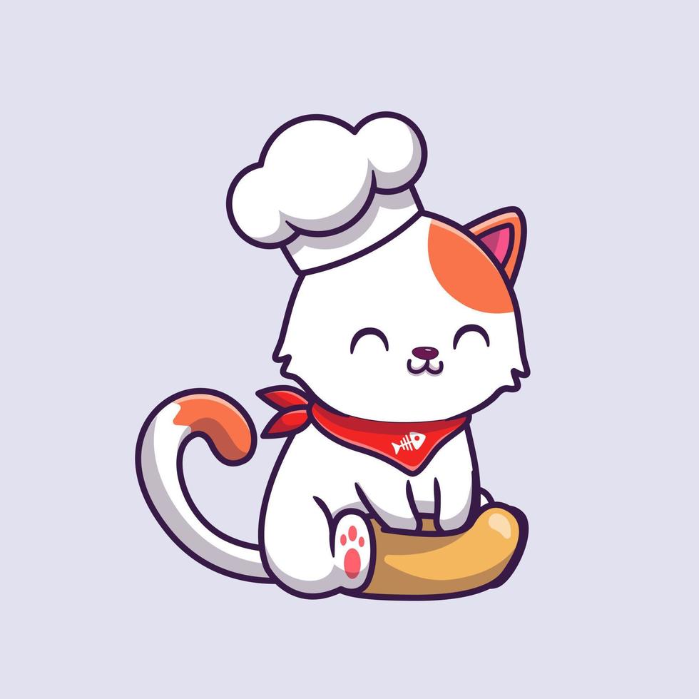 Cute Cat Chef Cooking Cartoon Vector Icon Illustration. Animal Food Icon Concept Isolated Premium Vector. Flat Cartoon Style