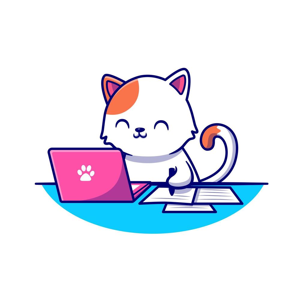 Cute Cat Working Laptop And Writing On Paper Cartoon Vector Icon Illustration. Animal Technology Icon Concept Isolated Premium Vector. Flat Cartoon Style