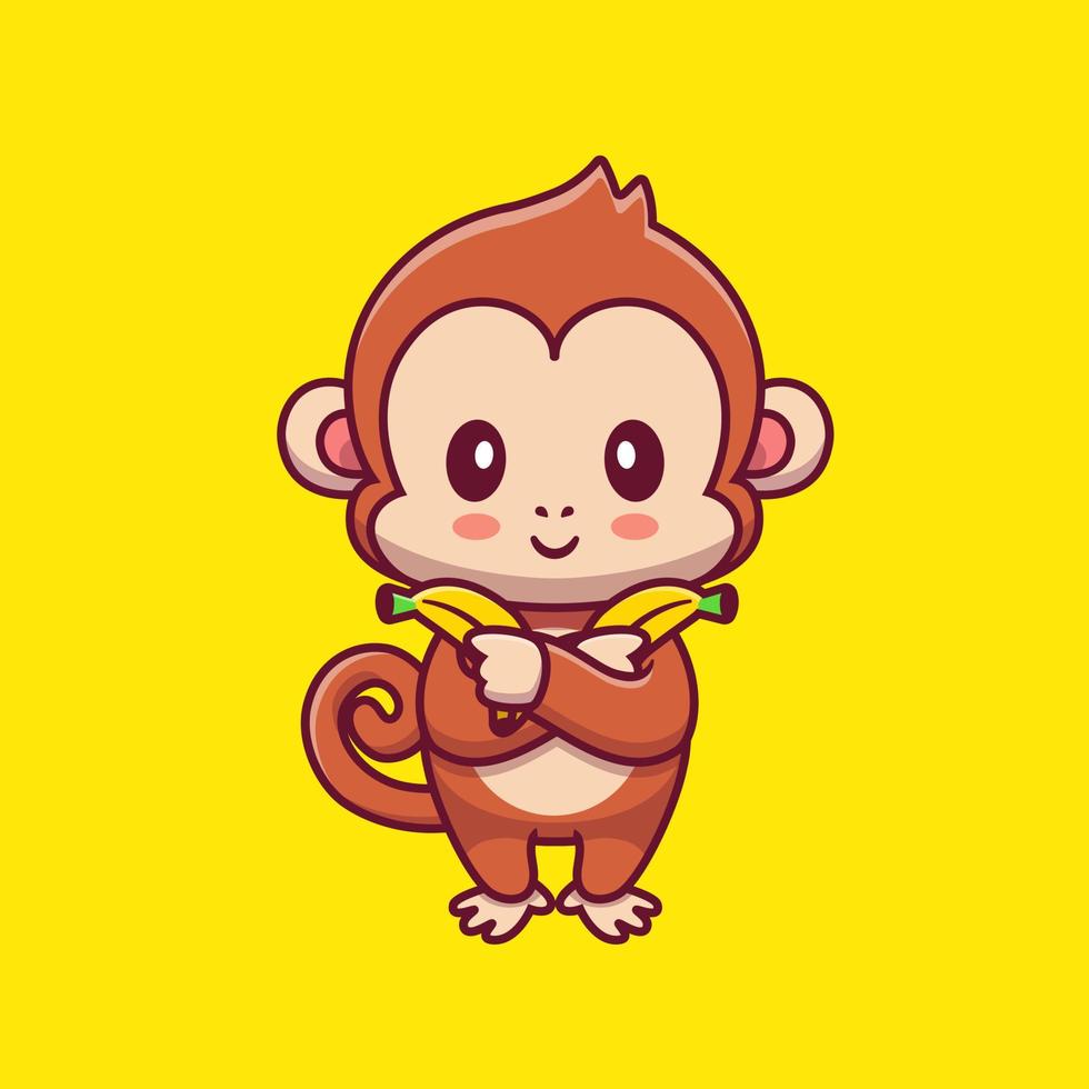 Cute Monkey Holding Banana Cartoon Vector Icon Illustration. Animal