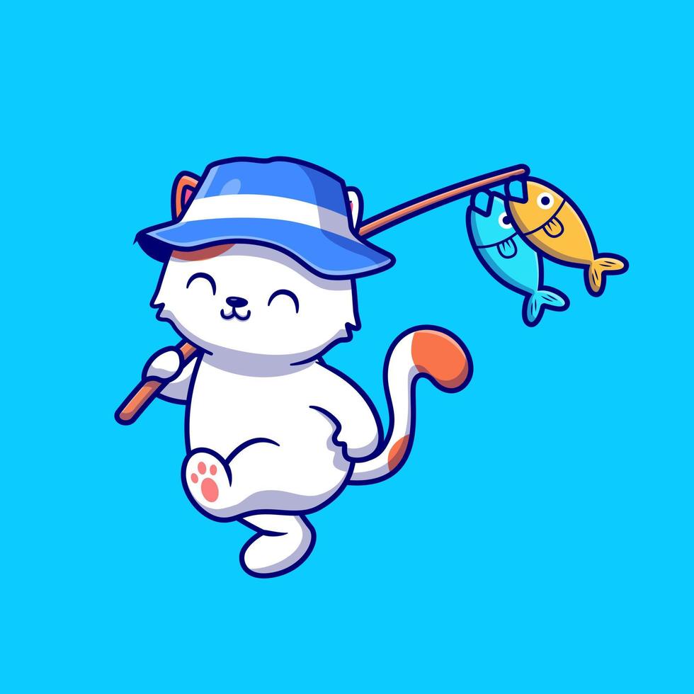 lindo gato pescando con cañas y sombrero de dibujos animados vector icono ilustración. concepto de icono de recreación animal vector premium aislado. estilo de dibujos animados plana