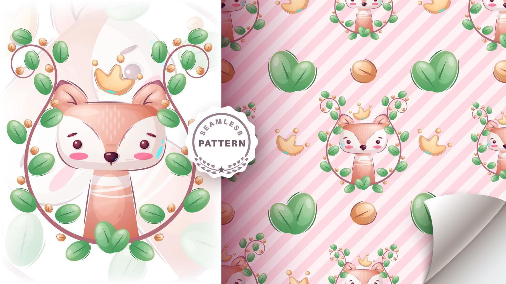 Seamless pattern cartoon character adorable princess fox, pretty animal idea for print t-shirt, poster and kids envelope, postcard. Cute hand drawn style fox. Vector eps 10