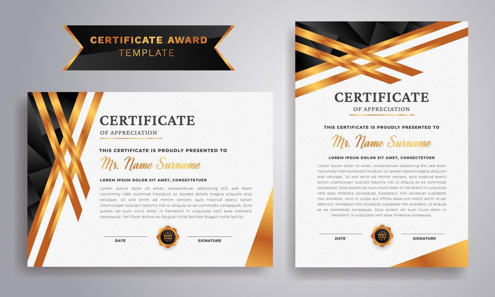 Black gold color certificate award design template. Luxury badge and modern line pattern. Diploma vector template.