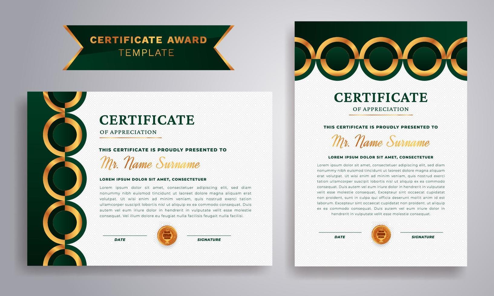 Green gold color certificate award design template. Clean modern certificate with gold badge. Diploma vector template.