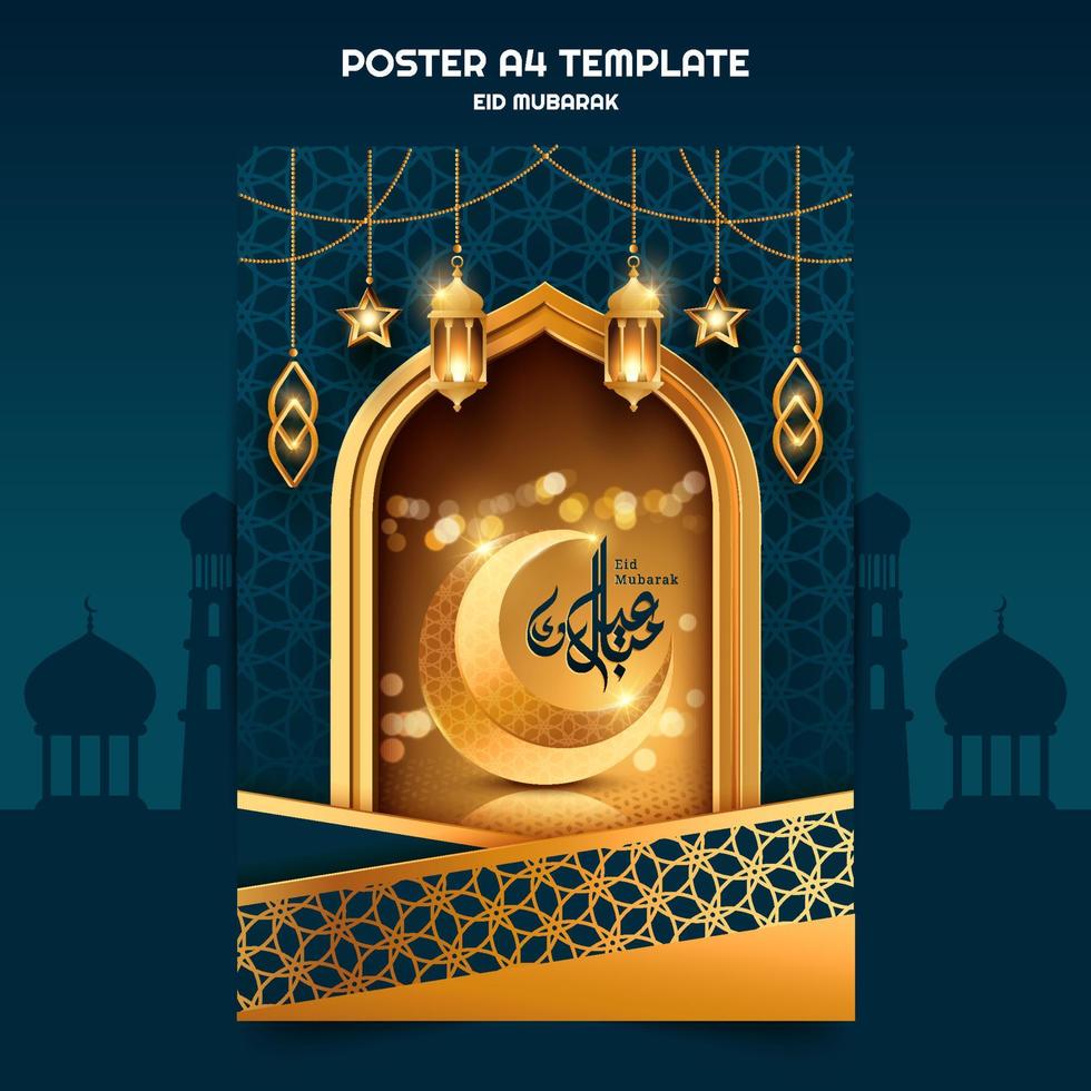 Eid Mubarak Islamic poster template.  Eid Mubarak Arabic Calligraphy and Golden Moon Design. vector