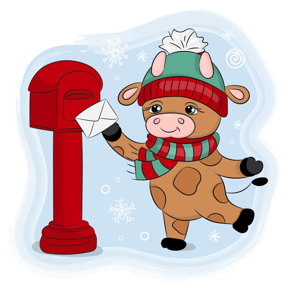 CUTE CARTOON BULL A WINTER HAT SENDS A LETTER Vector Set