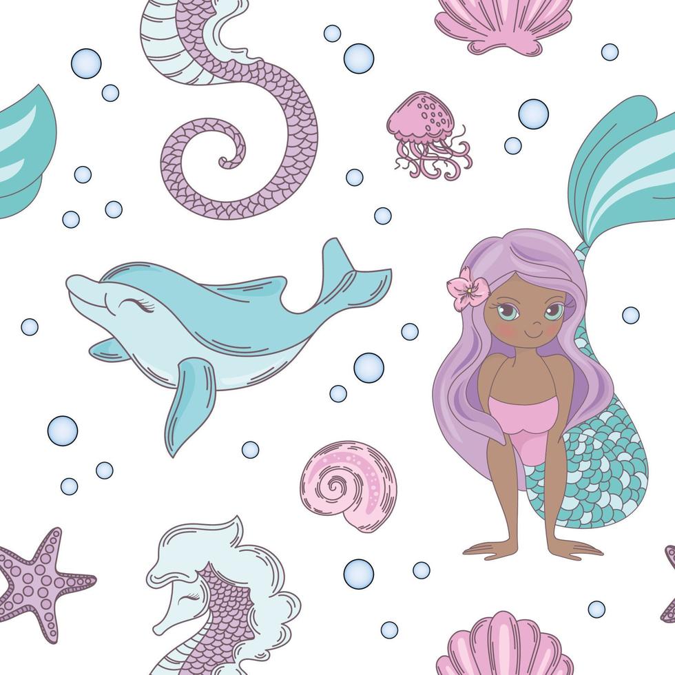 DOLPHIN SMILE Mermaid Seamless Pattern Vector Illustration