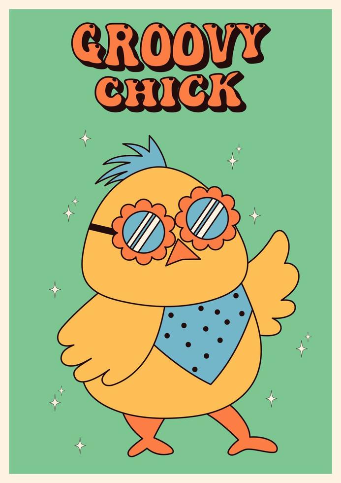 Groovy hippie Happy Easter posters. Easter chick. Vector card in trendy retro 60s 70s cartoon style.