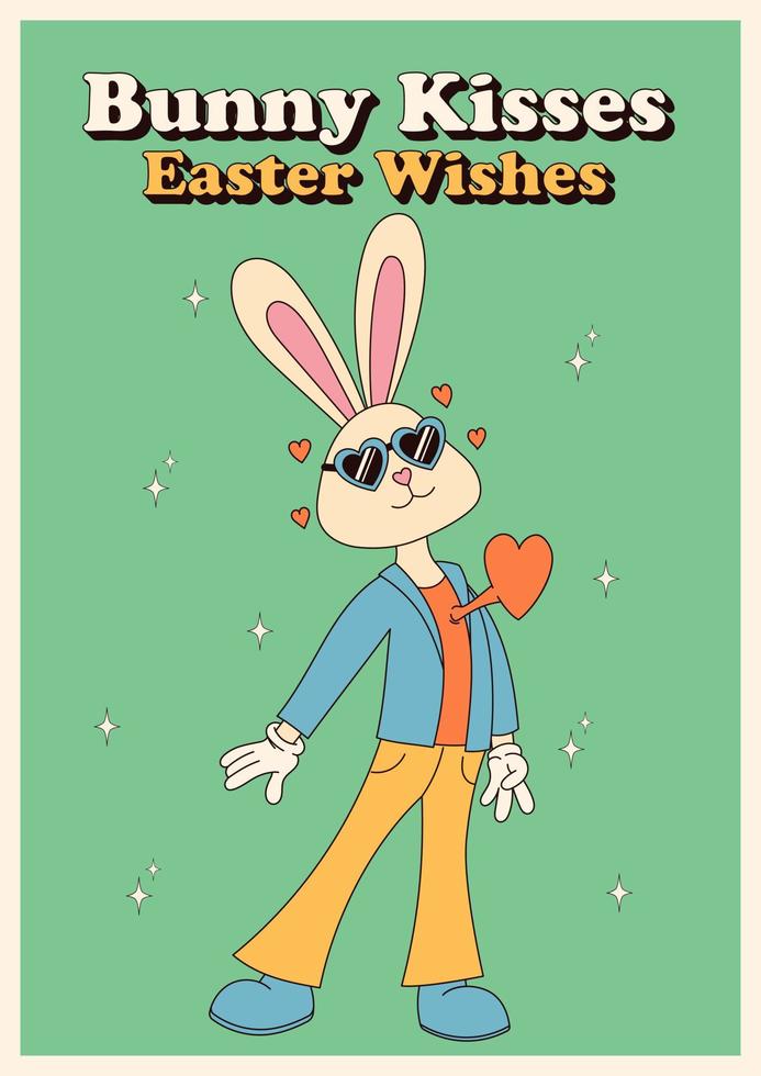 maravilloso hippie contento Pascua de Resurrección carteles Pascua de Resurrección conejito. vector tarjeta en de moda retro 60s 70s dibujos animados estilo.