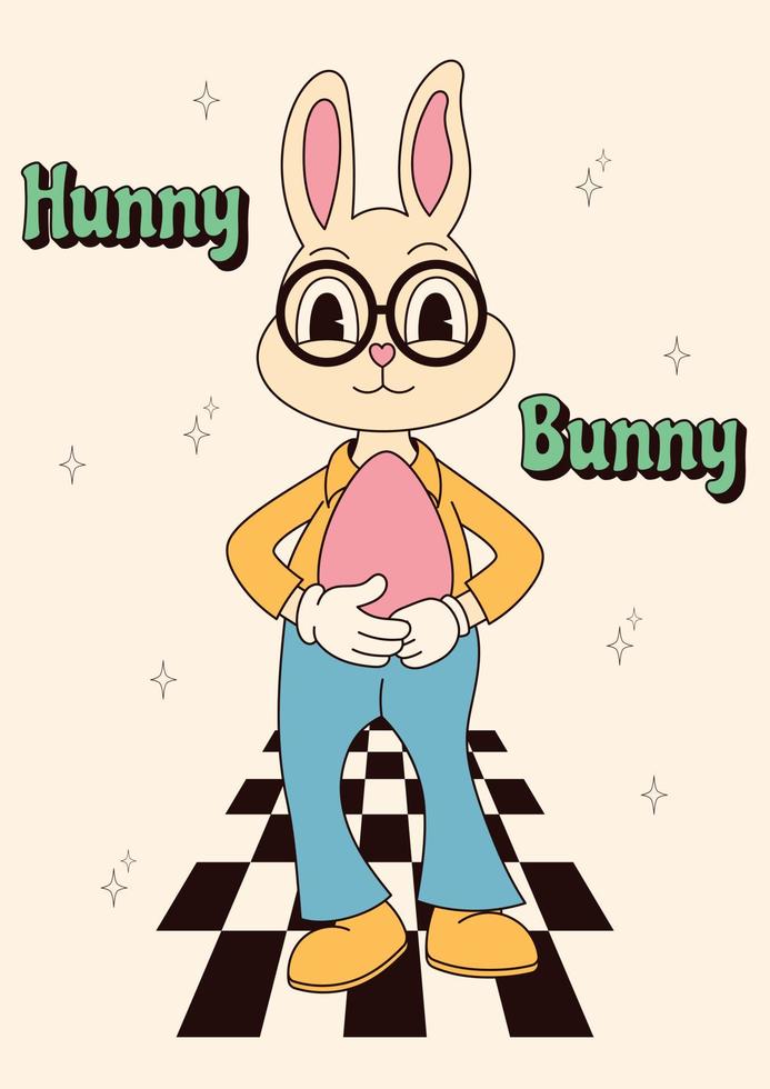 Groovy hippie Happy Easter posters. Easter bunny. Vector card in trendy retro 60s 70s cartoon style.