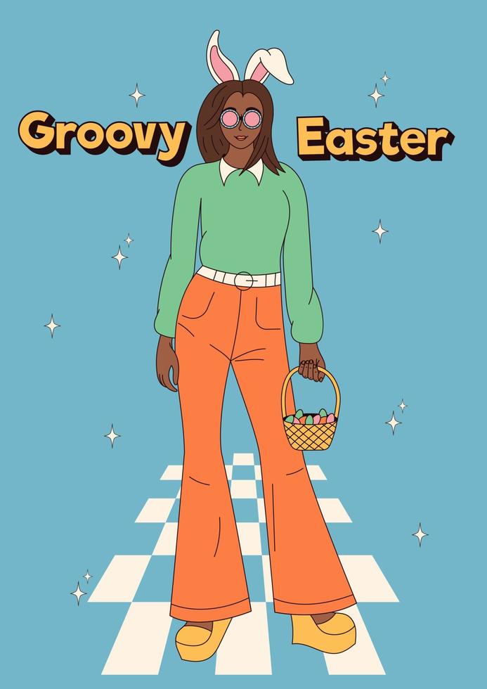 maravilloso hippie contento Pascua de Resurrección carteles niña con Conejo orejas. vector tarjeta en de moda retro 60s 70s dibujos animados estilo.