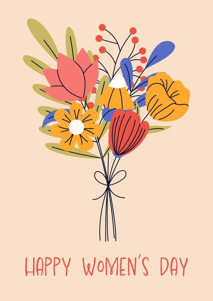 8 de marzo, día internacional de la mujer. tarjetas de felicitación o plantillas de postales con ramo de flores para tarjeta, afiche, volante. poder femenino, feminismo, concepto de hermandad. vector