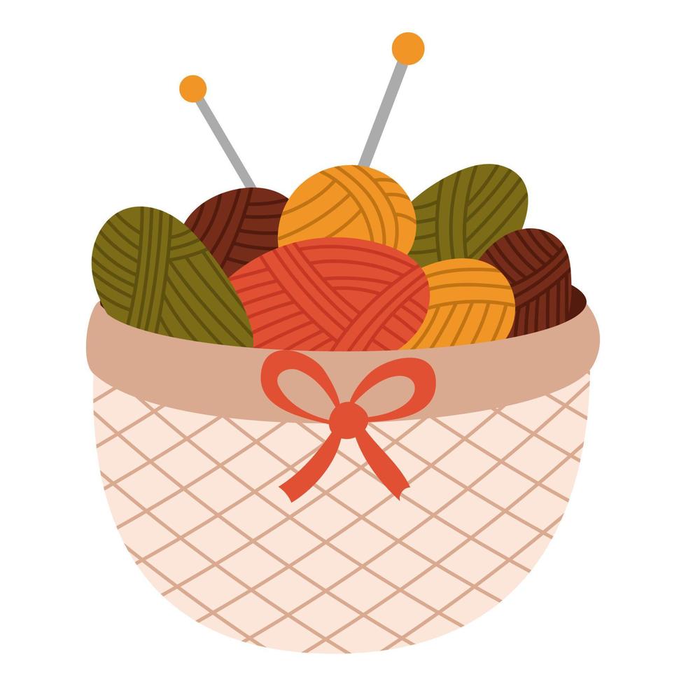 Yarn basket. Knitting tool. Hobby time, handmade things vector