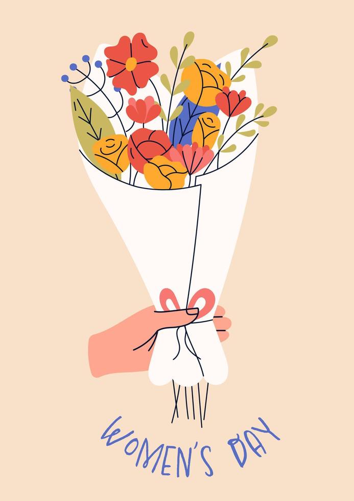 8 march, International Women's Day. Greeting card or postcard templates with bouquet of flowers for card, poster, flyer. Girl power, feminism, sisterhood concept. vector