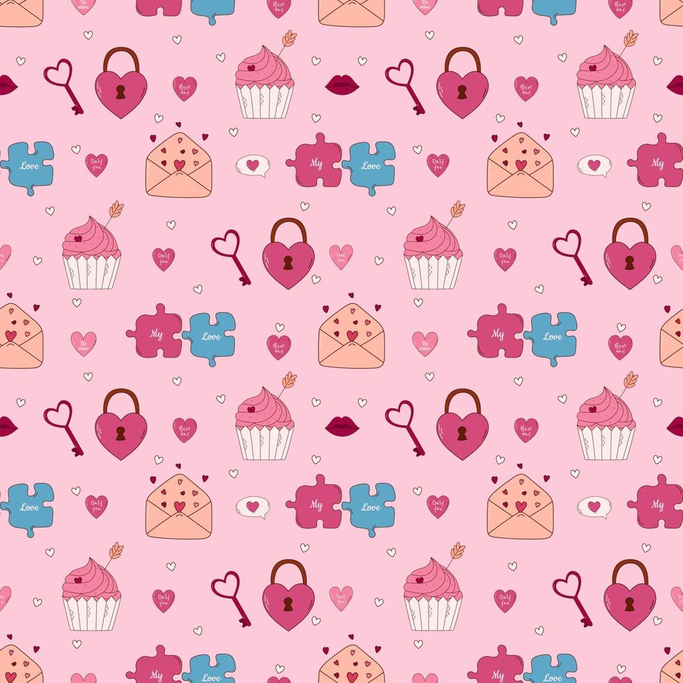 Valentine's Day Hand drawn seamless pattern. Letter, heart, cupcake, puzzle and other elements. vector