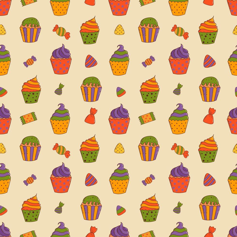 Cute halloween cupcakes seamless pattern. Halloween elements. Trick or treat concept vector