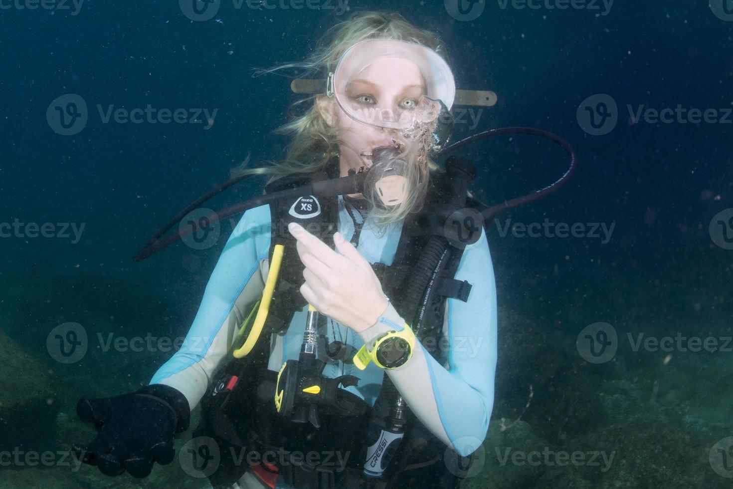 beautiful girl looking at you while swimming underwater photo