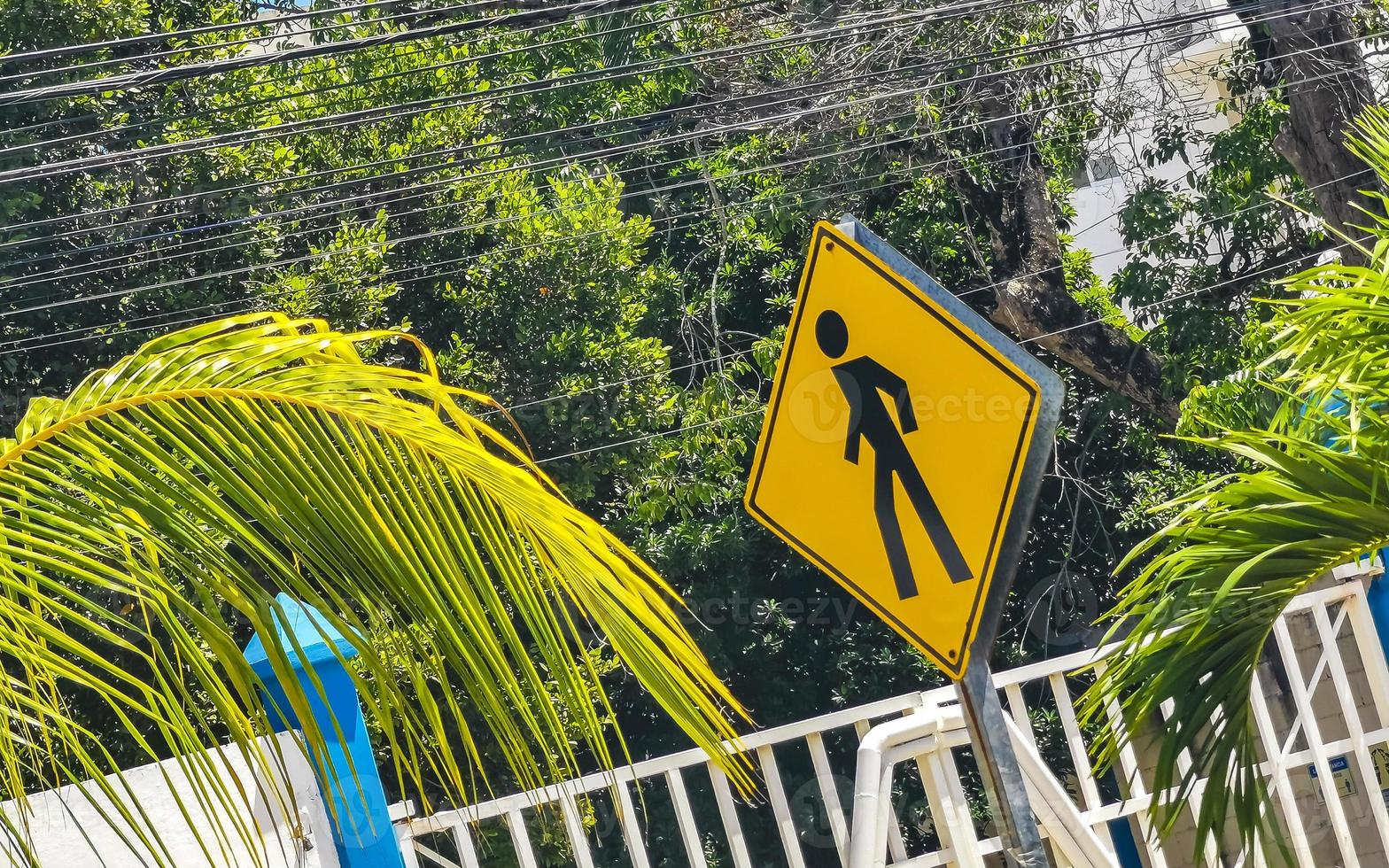 Yellow pedestrian sign street signin Playa del Carmen Mexico. photo