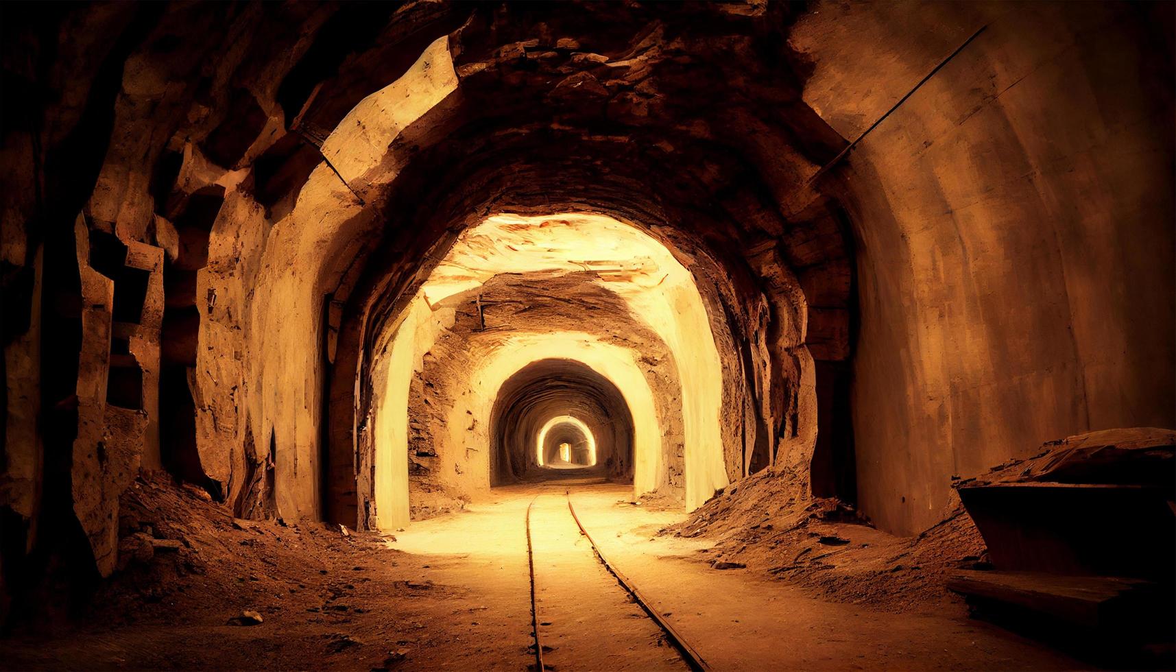 A coal mine underground ore tunnel with rails, mining industry. photo