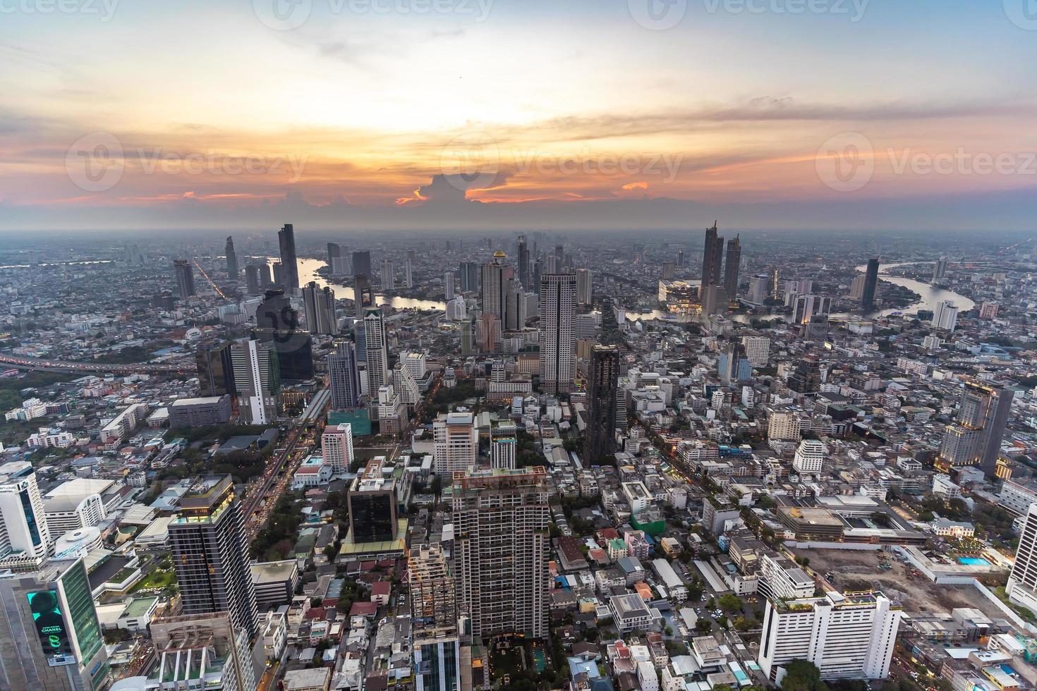 Bangkok cityscape top view and Chaophraya river in twilight time. Civilization city traveler and tourism destination with copy space. photo