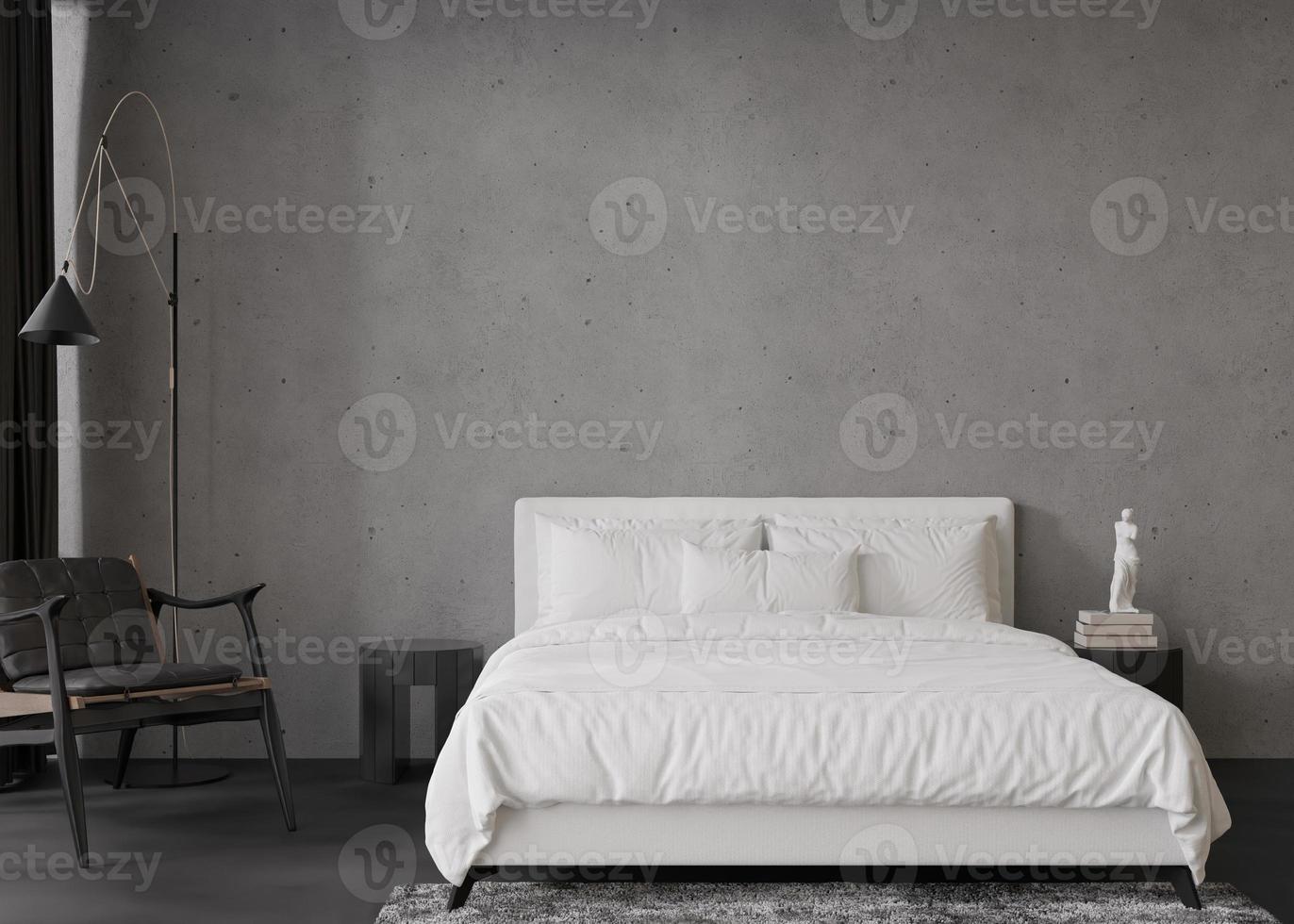 Interior mock up, loft style. Empty concrete wall in modern bedroom. Copy space for your artwork, picture, poster. Industrial style interior design. Apartment or hotel room. 3D rendering. photo