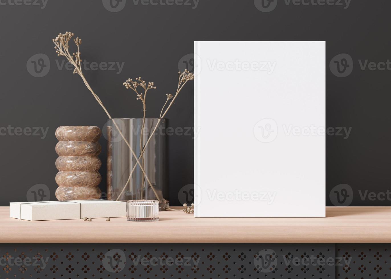 White book cover mock up with vase and other home accessories on sideboard. Blank template for your design. Front view, close-up. Book, catalogue cover presentation. 3D rendering. photo