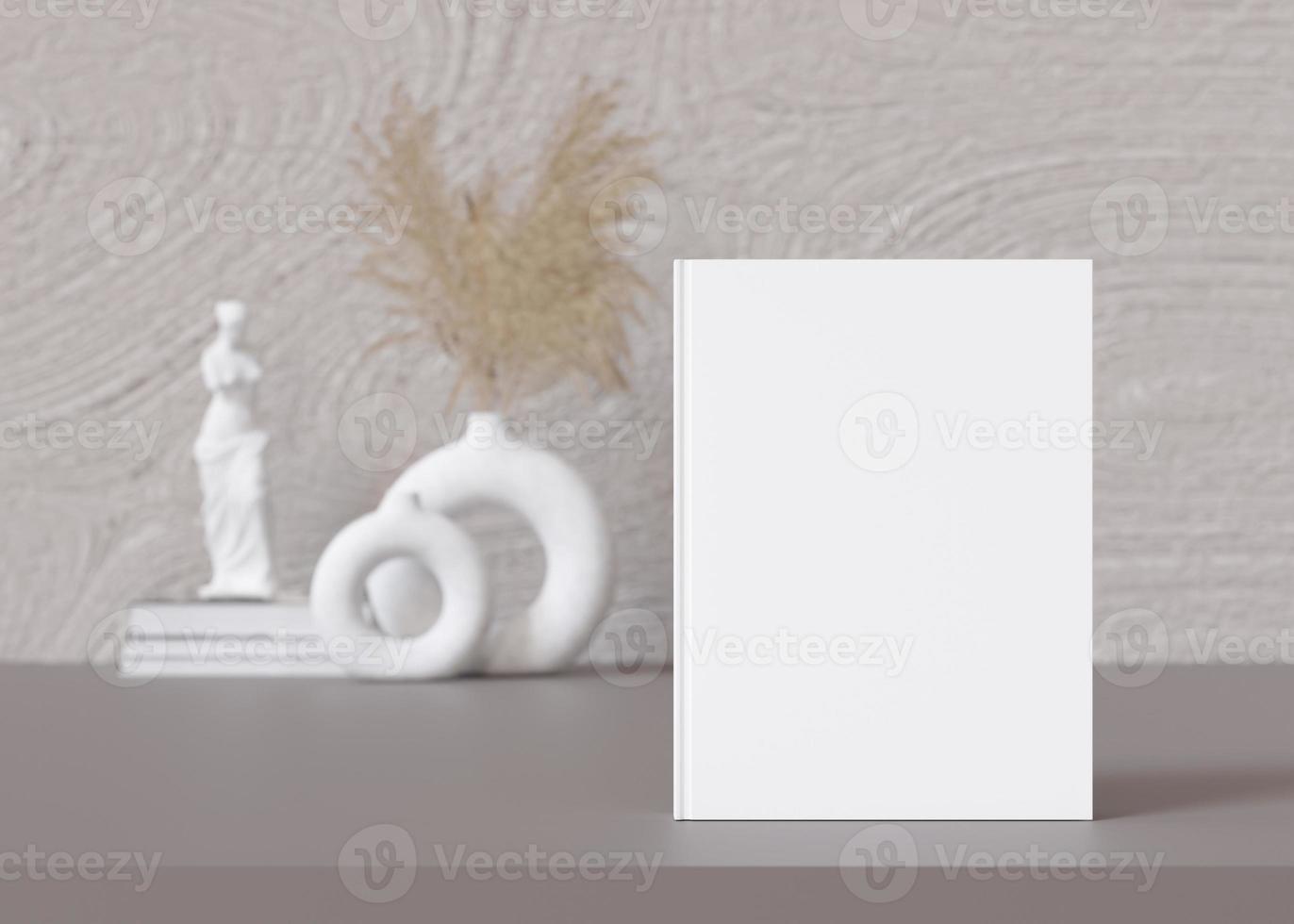 White book cover mock up with vase and other home accessories on sideboard. Blank template for your design. Front view, close-up. Book, catalogue cover presentation. 3D rendering. photo