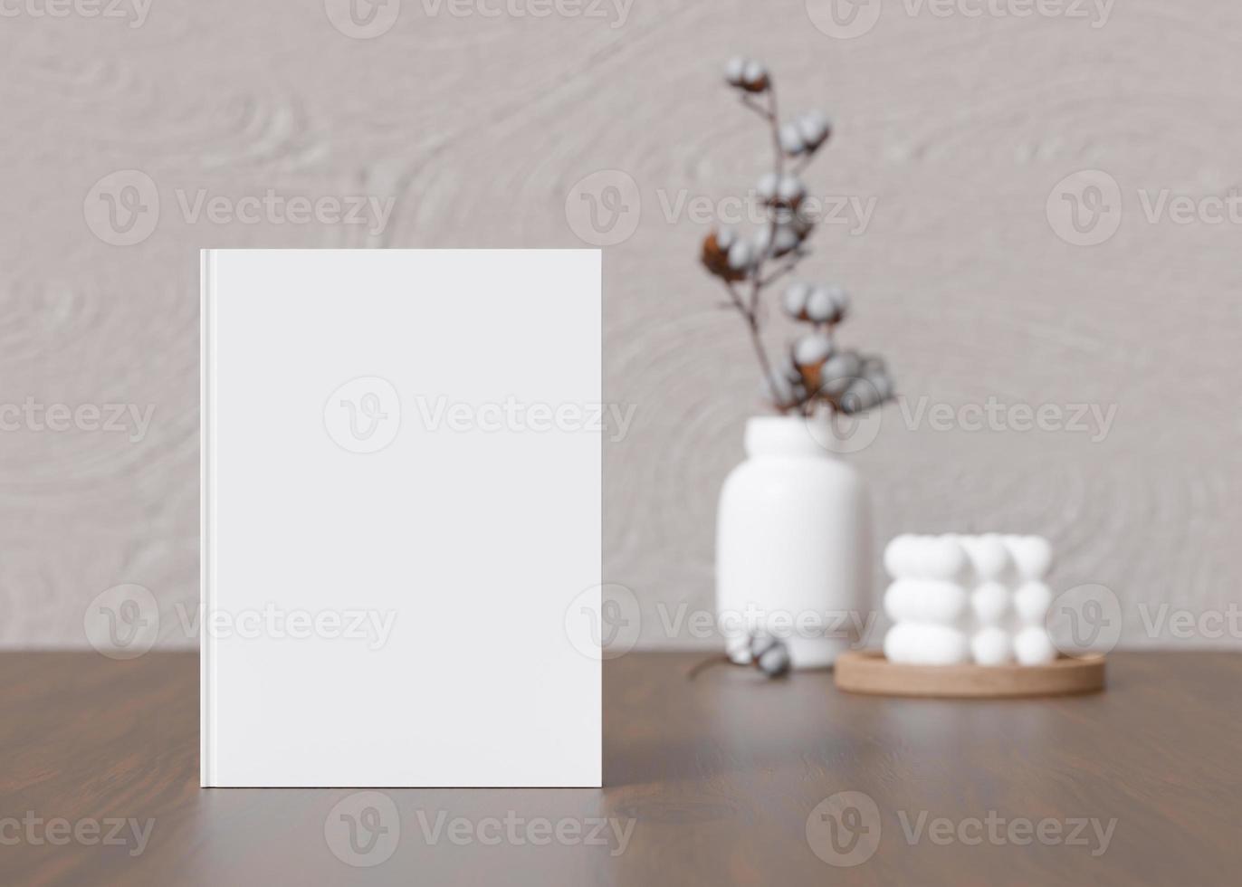 White book cover mock up with vase and candle on sideboard. Blank template for your design. Front view, close-up. Book, catalogue cover presentation. 3D rendering. photo