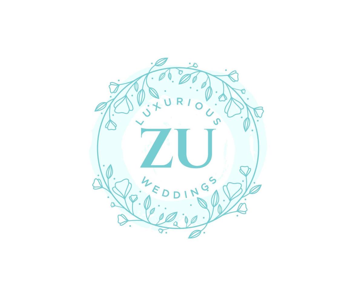 ZU Initials letter Wedding monogram logos template, hand drawn modern minimalistic and floral templates for Invitation cards, Save the Date, elegant identity. vector