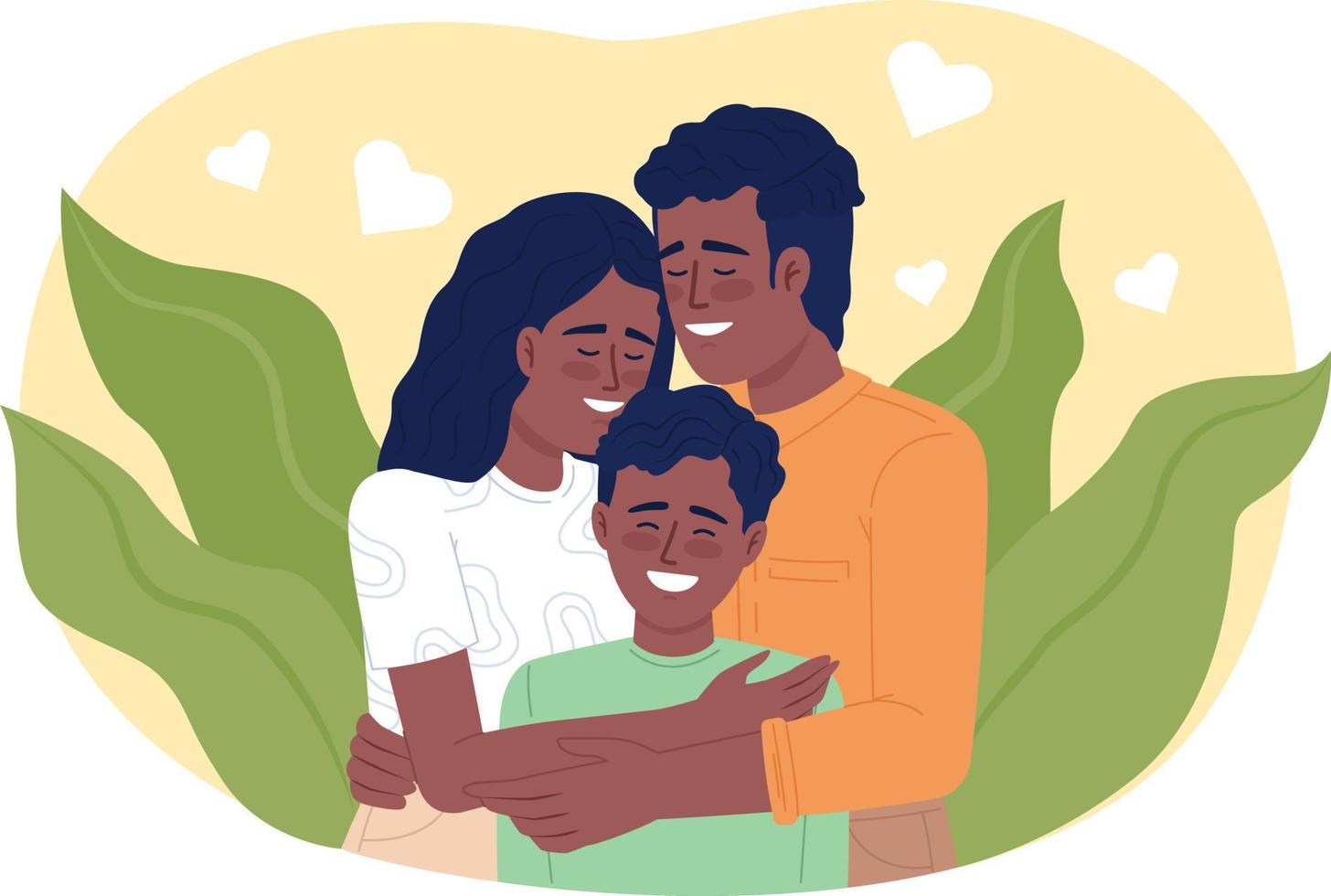 Parents bonding with child 2D vector isolated illustration. Happy mom and dad cuddling son flat characters on cartoon background. Colorful editable scene for mobile, website, presentation